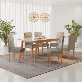 CONJUNTO SALA DE JANTAR 160M  MESA ELEGANCE COM 6 CADEIRAS DIAMANTE  CINAMOMO/OFF WHITE